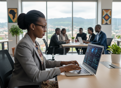 A cybersecurity trainer working on a laptop while a team meets in the background